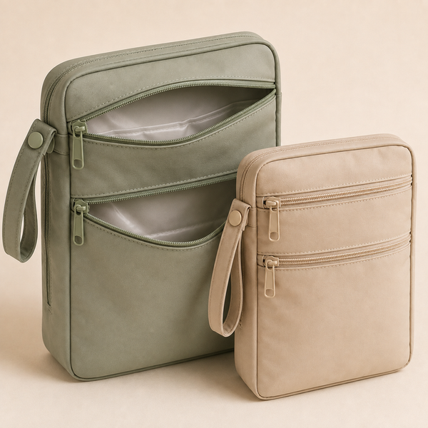 Close view of the separate zip compartments and wipe-clean lining