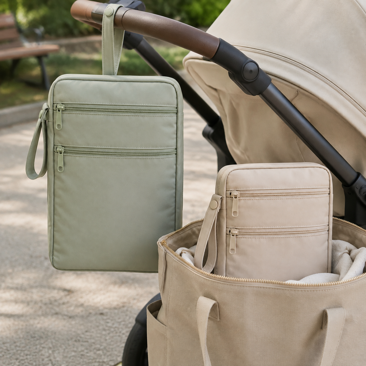 Wet and dry bags ready for stroller, pool, and family travel