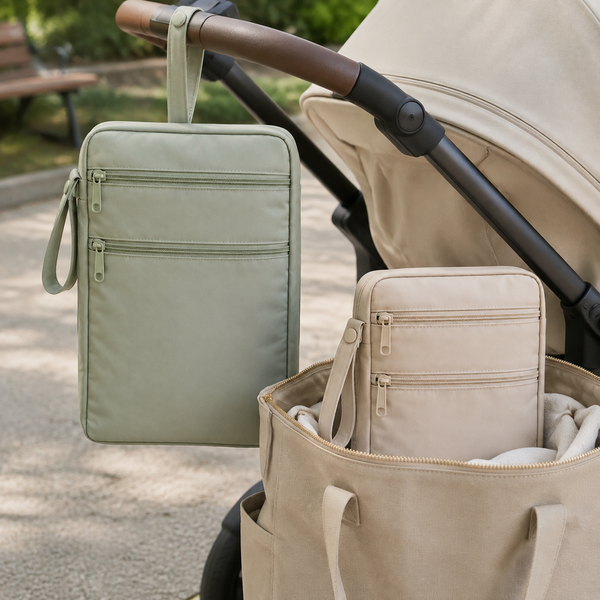 Wet and dry bags ready for stroller, pool, and family travel
