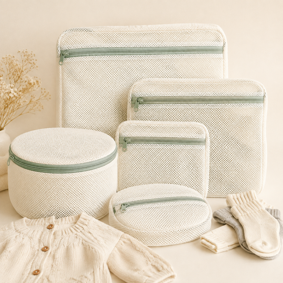 Five cream mesh baby laundry wash bags in assorted sizes