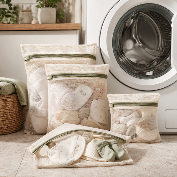 Mesh wash bags with baby garments beside a washing machine