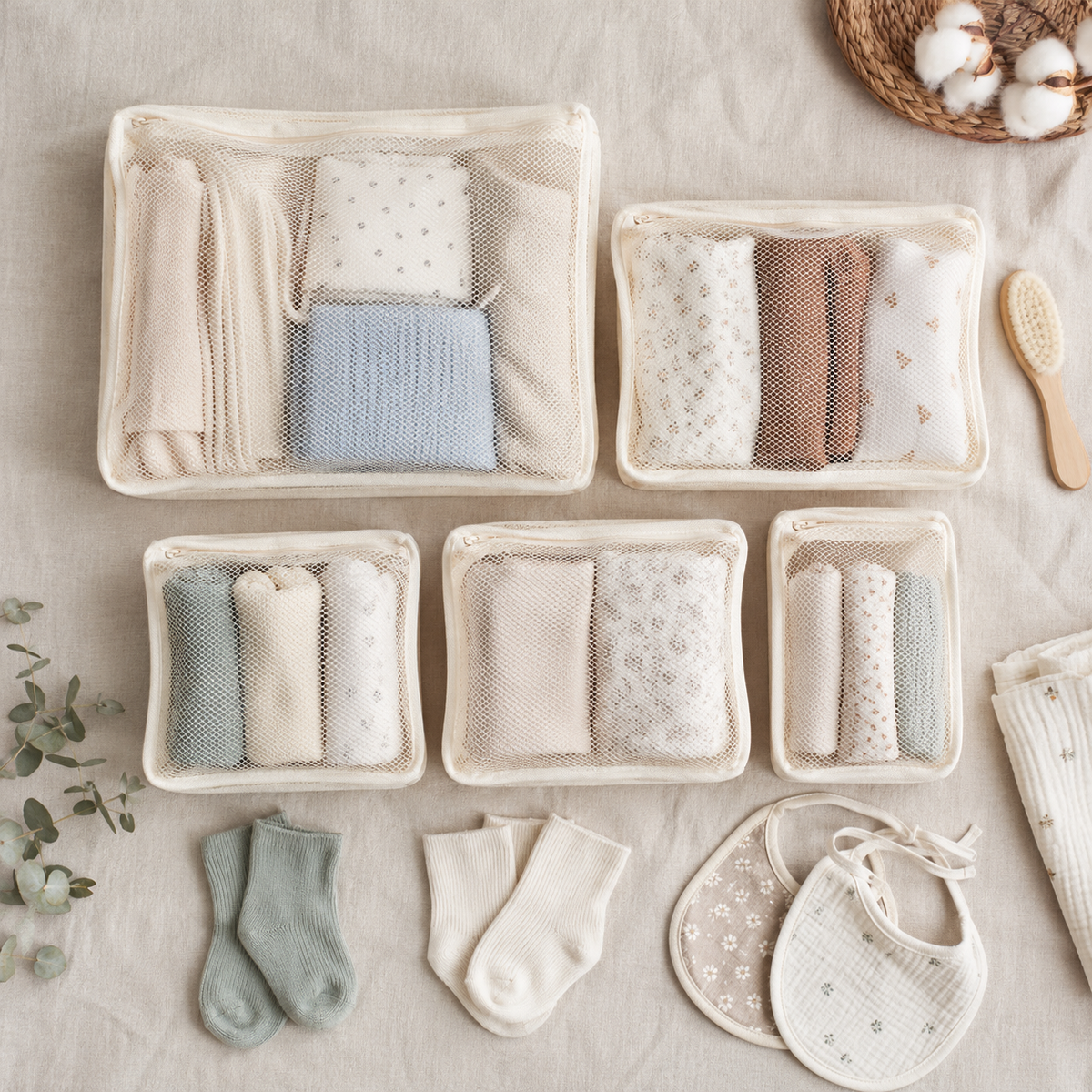 Five mesh bags organizing small baby garments by size