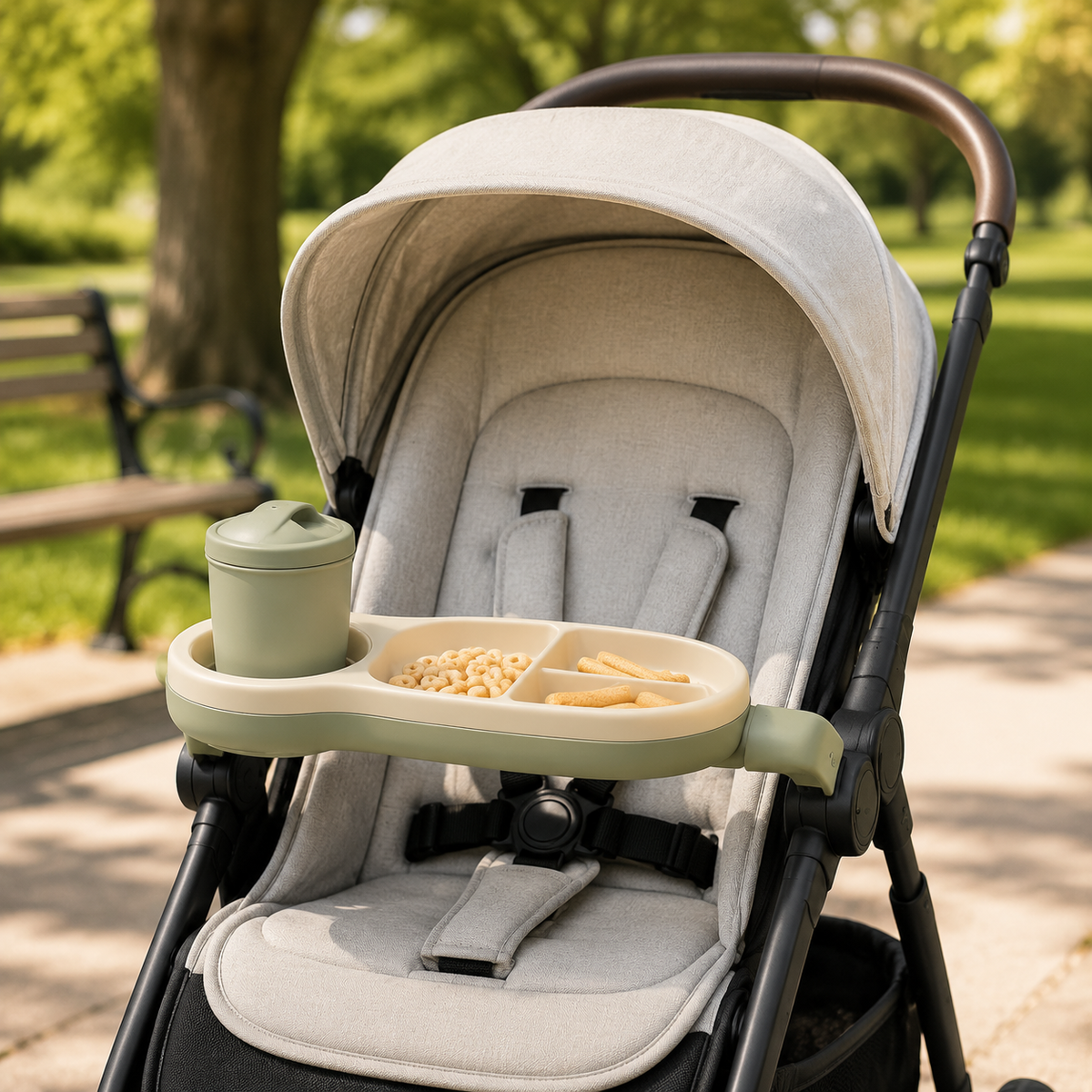 Universal Stroller Snack & Activity Tray — lifestyle use view
