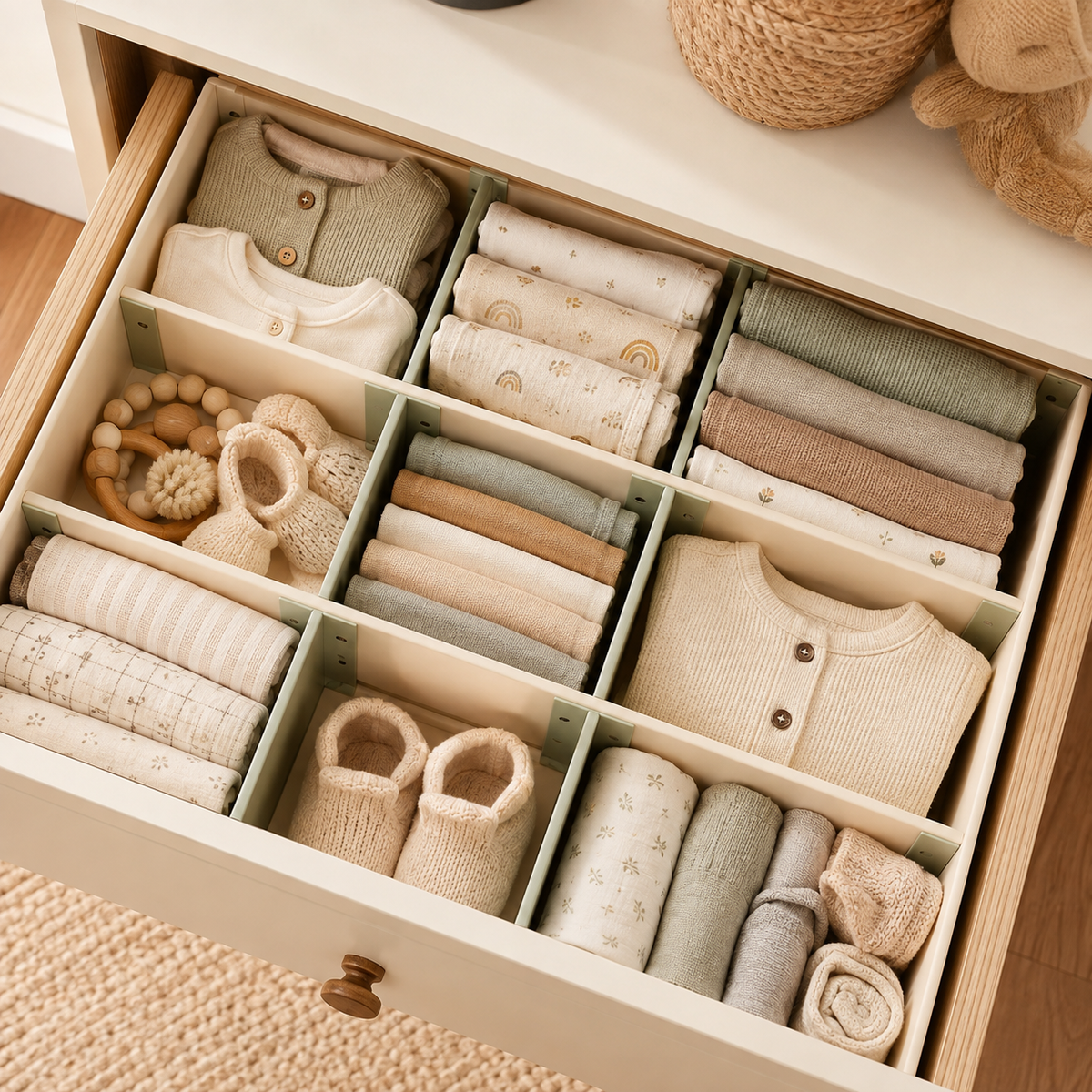 Adjustable Nursery Drawer Dividers — 8 Pack — storage or care view