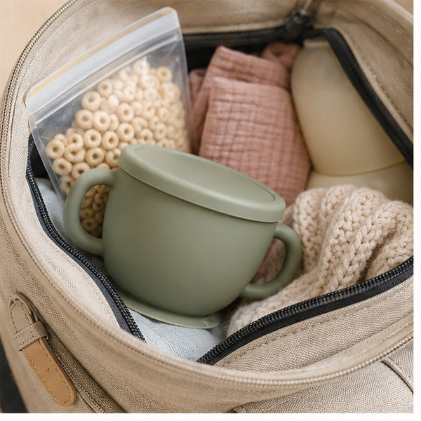 Silicone Snack Cup with Spill-Resistant Lid — storage and care view