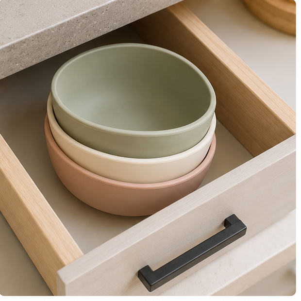 Silicone Suction Toddler Bowls — 3 Pack — storage and care view