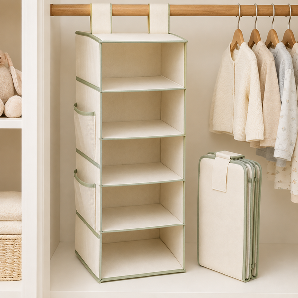 Cream five-shelf hanging closet organizer shown open and folded