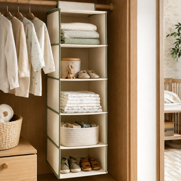 Hanging organizer holding folded baby clothes and shoes