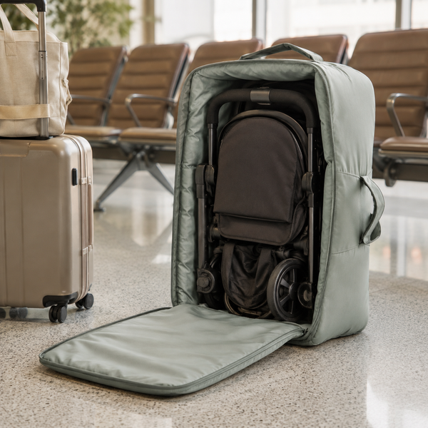 Folded stroller packed in a sage travel bag at an airport