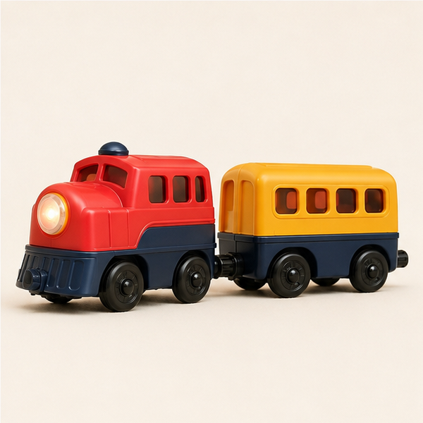 Red and yellow powered toy train duo