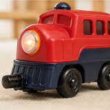 Close-up of the powered toy locomotive and headlight