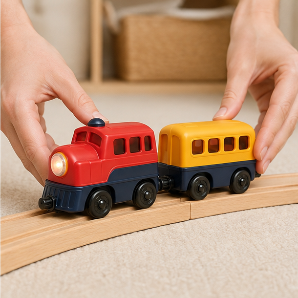 Adult hands placing the train duo on a wooden track