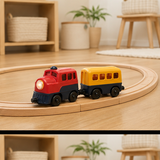 Powered toy train duo on an oval wooden track