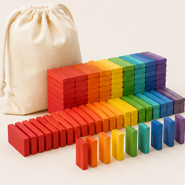 Rainbow wooden domino building set with storage bag