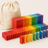 Rainbow wooden domino building set with storage bag