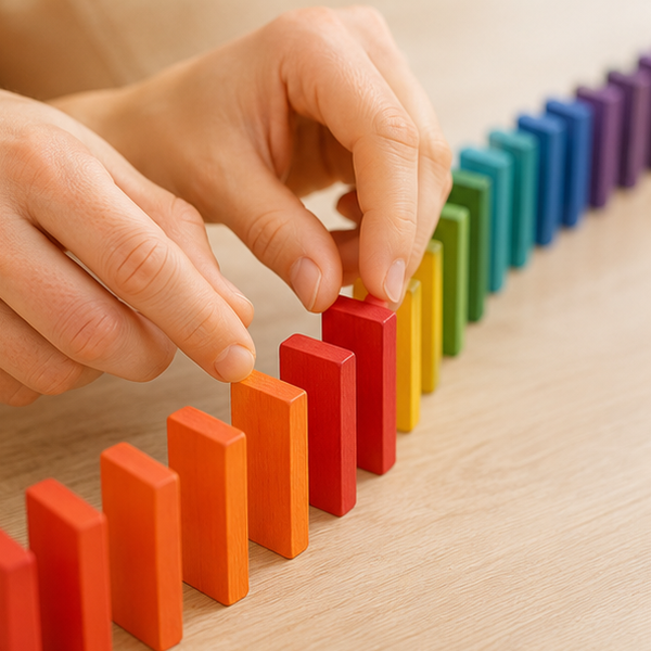 Adult hands arranging a rainbow domino run