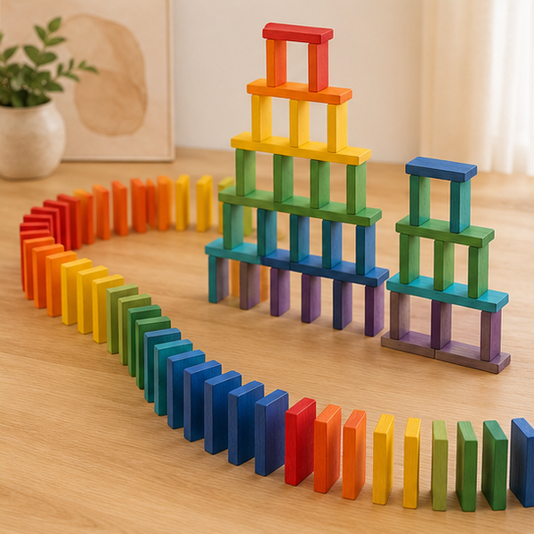 Curved rainbow wooden domino run and block towers