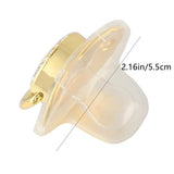 Side view of the red and gold pacifier with protective cover and supplier measurement