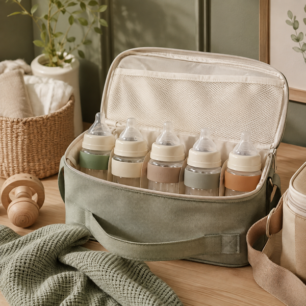 Color-coded baby bottles organized in an insulated tote