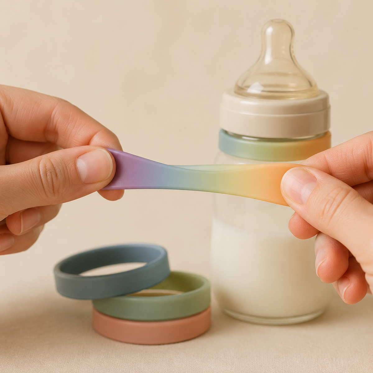 Adult hands demonstrating the flexibility of a silicone bottle band