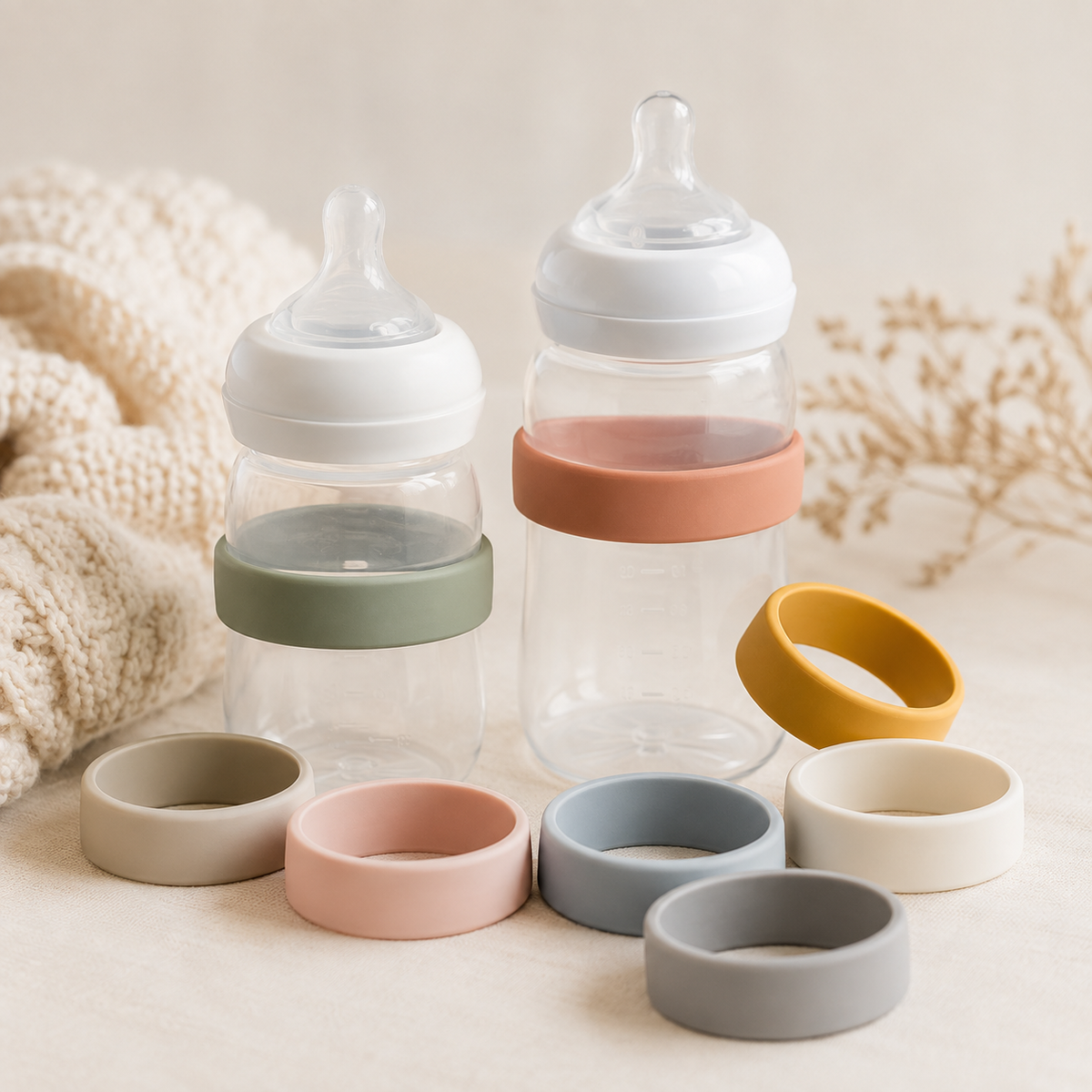 Eight muted rainbow silicone identification bands with baby bottles