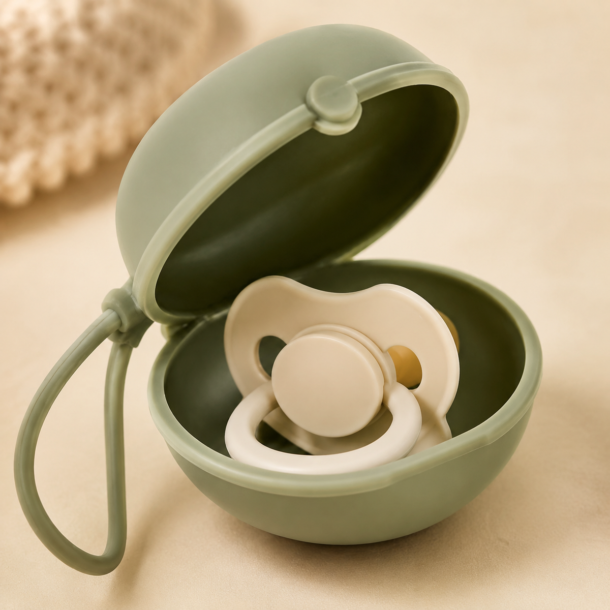 Close-up of an open sage silicone pacifier case