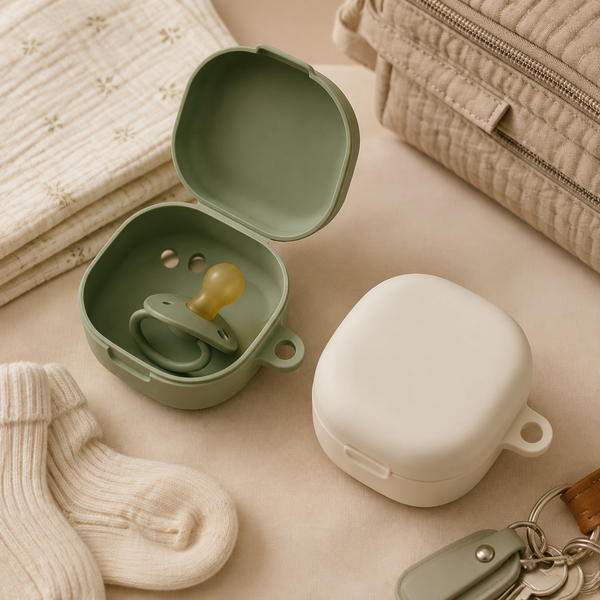 Sage and cream pacifier cases arranged with diaper bag essentials