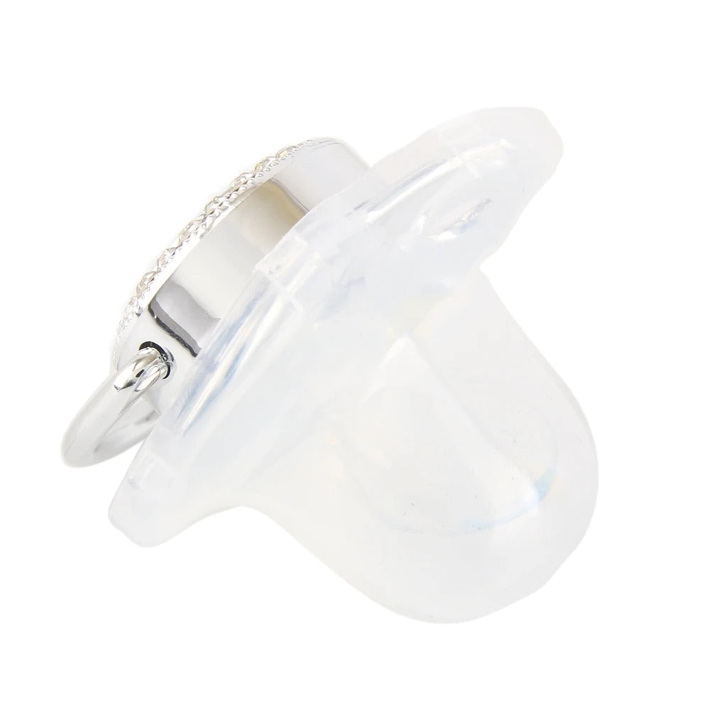 Side view of the silver-tone pacifier and protective cover