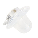 Side view of the silver-tone pacifier and protective cover