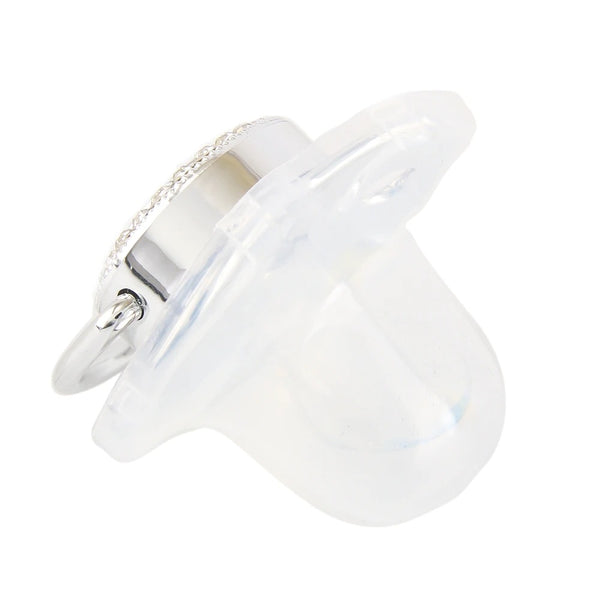 Side view of the silver-tone pacifier and protective cover