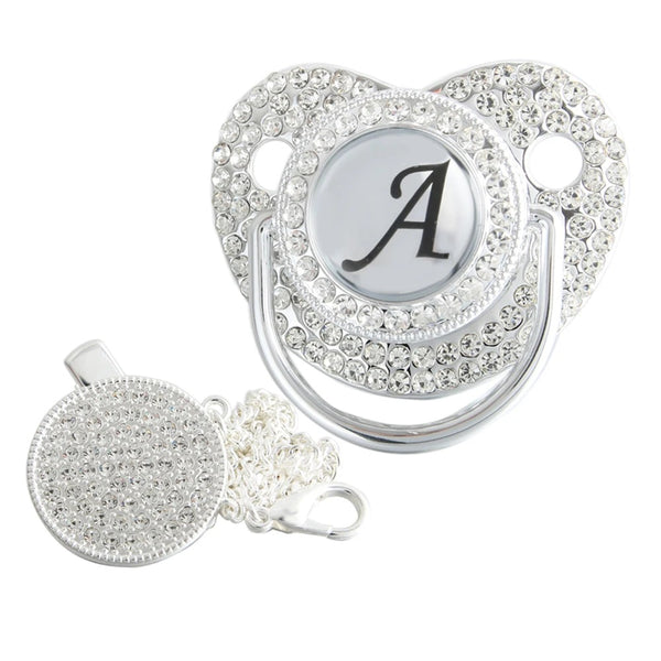 Silver initial A bling pacifier with matching round decorative clip