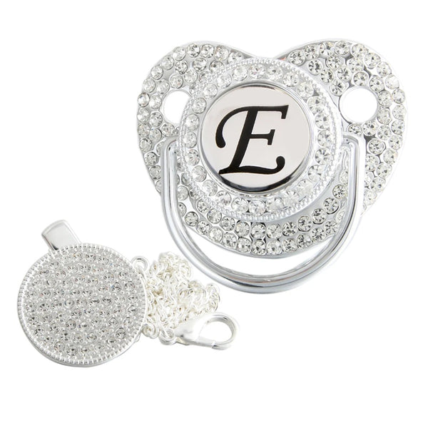 Silver initial E bling pacifier with matching round decorative clip