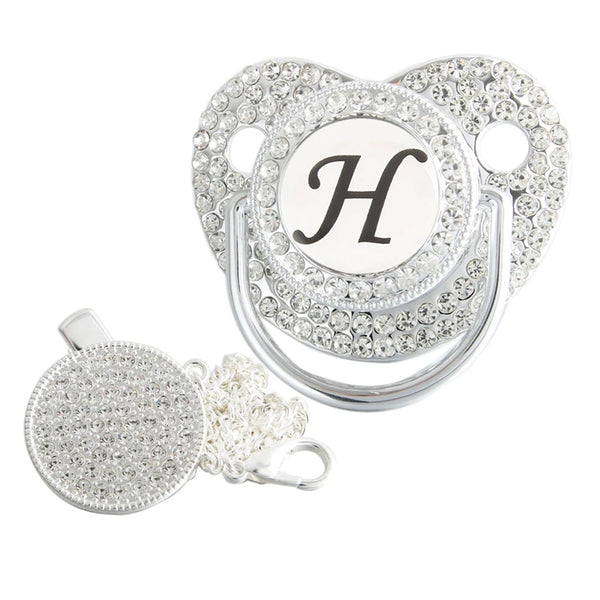 Silver initial H bling pacifier with matching round decorative clip