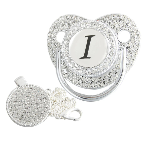 Silver initial I bling pacifier with matching round decorative clip