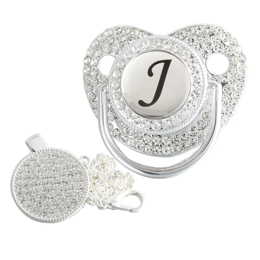 Silver initial J bling pacifier with matching round decorative clip