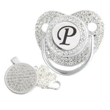 Silver initial P bling pacifier with matching round decorative clip