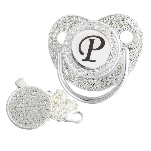 Silver initial P bling pacifier with matching round decorative clip
