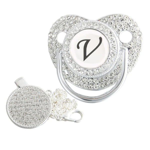 Silver initial V bling pacifier with matching round decorative clip