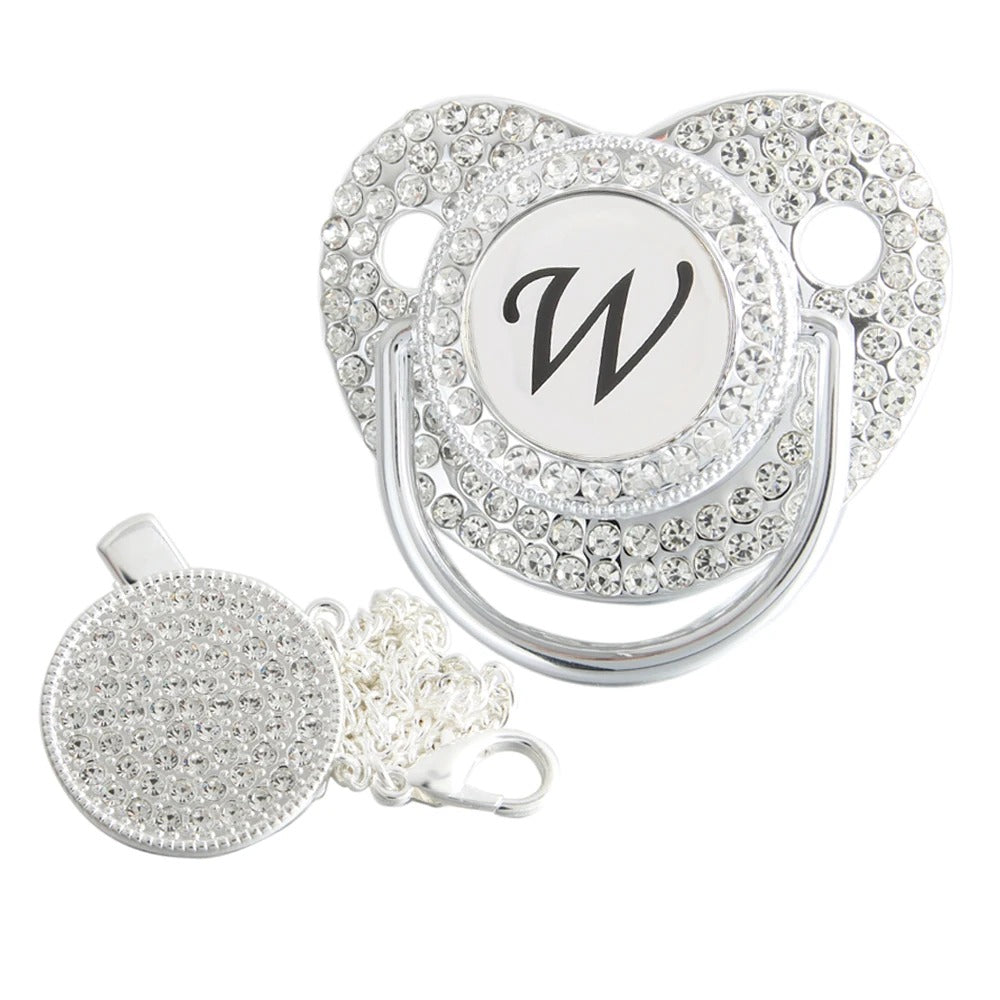 Silver initial W bling pacifier with matching round decorative clip