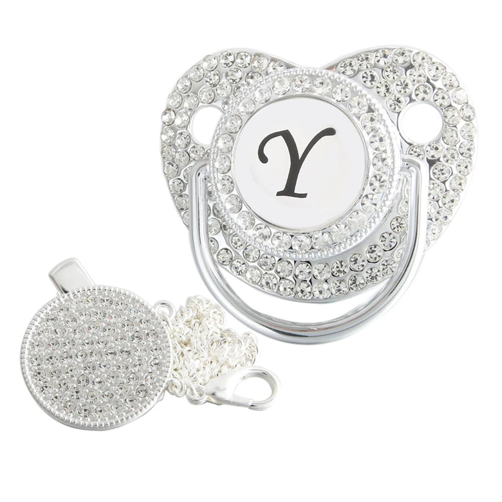 Silver initial Y bling pacifier with matching round decorative clip