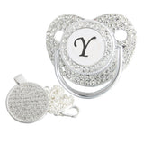 Silver initial Y bling pacifier with matching round decorative clip