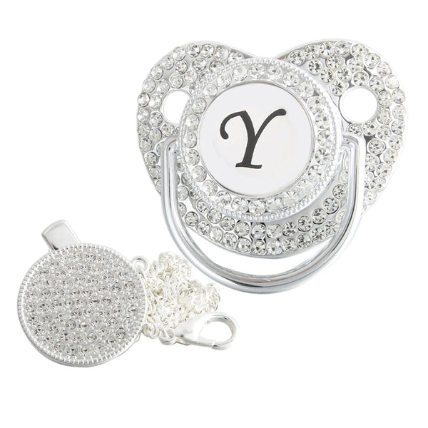 Silver initial Y bling pacifier with matching round decorative clip