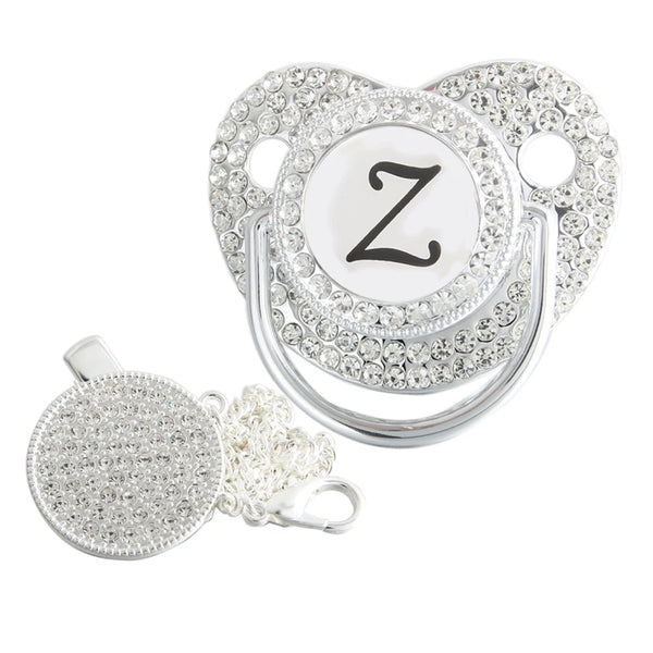 Silver initial Z bling pacifier with matching round decorative clip