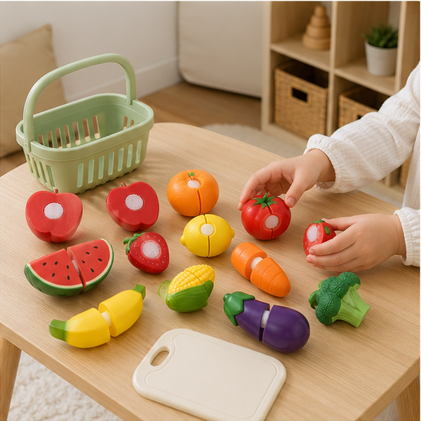 Child hands playing with pretend fruit and vegetable cutting set