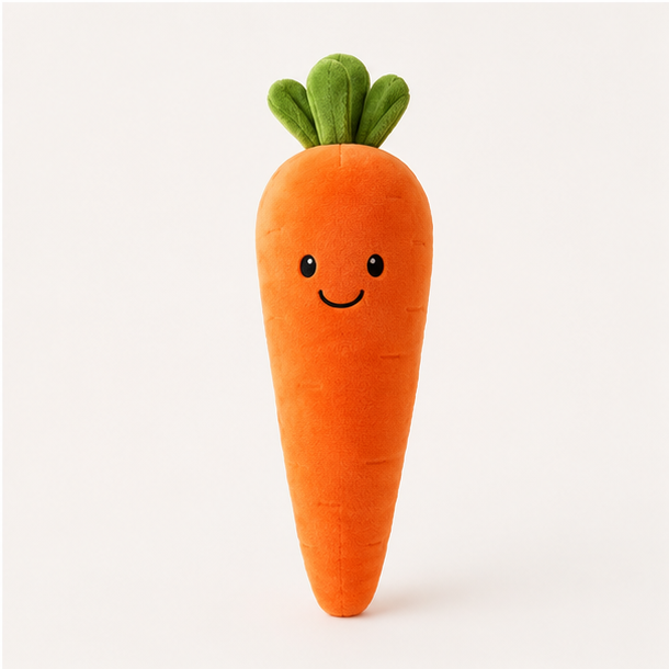 Smiling carrot plush pillow on a clean studio background