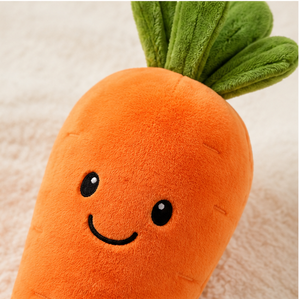 Close-up of the carrot plush fabric and embroidered face