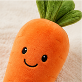 Close-up of the carrot plush fabric and embroidered face