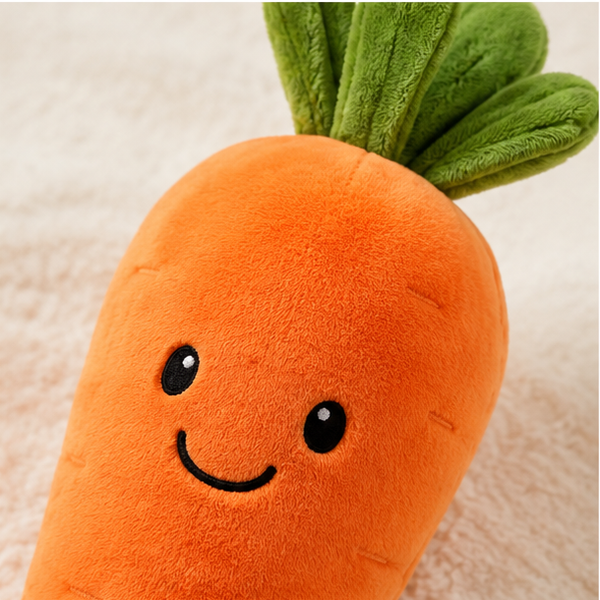 Close-up of the carrot plush fabric and embroidered face