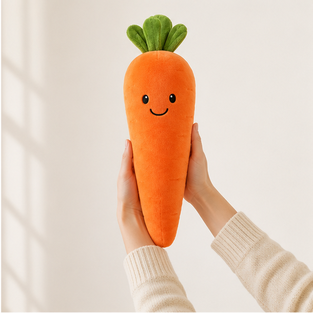 Adult hands holding the 45 cm carrot plush for scale