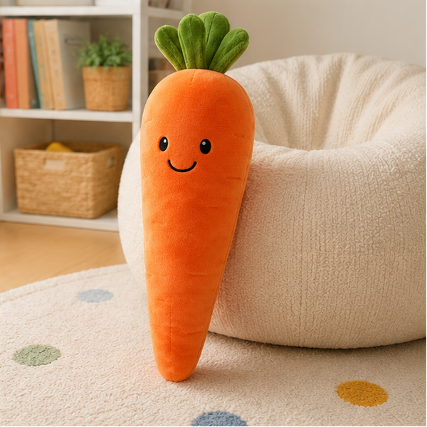 Smiling carrot plush in a bright playroom